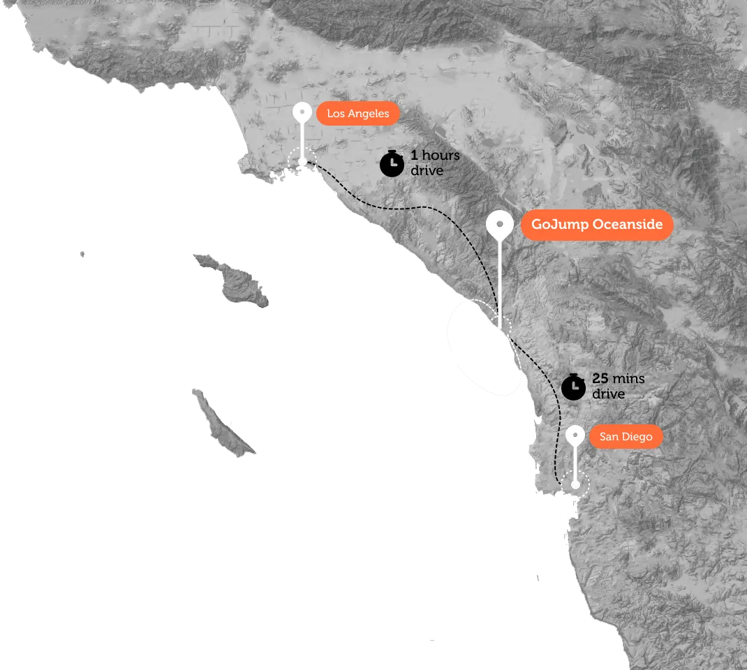 Map: GoJump Oceanside between Los Angeles and San Diego